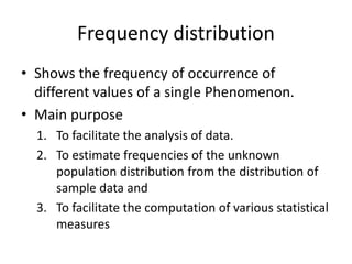 Frequency distribution
• Shows the frequency of occurrence of
different values of a single Phenomenon.
• Main purpose
1. To facilitate the analysis of data.
2. To estimate frequencies of the unknown
population distribution from the distribution of
sample data and
3. To facilitate the computation of various statistical
measures
 