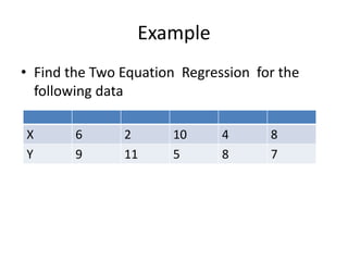 Example
• Find the Two Equation Regression for the
following data
X 6 2 10 4 8
Y 9 11 5 8 7
 