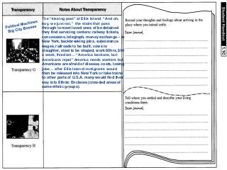 The “kissing post” at Ellis Island. “And oh,
boy, we just ran.” the stairs that pass
through to meet loved ones of be detained
they find servicing centers: railway tickets,
concessions, telegraph, money exchange – in
New York, backbreaking jobs, subsistence
wages, railroads to be built, cows to
slaughter, steel to be shaped, work 80hrs, $10
a week, freedom… “America beckons, but
Americans repel” America needs workers but
Americans are afraid of disease, costs, losing
jobs… after Ellis Island immigrants would
then be released into New York or take trains
to other parts of U.S.A. many would find their
way into Ethnic Enclaves (crowded areas of
same ethnic groups).
 