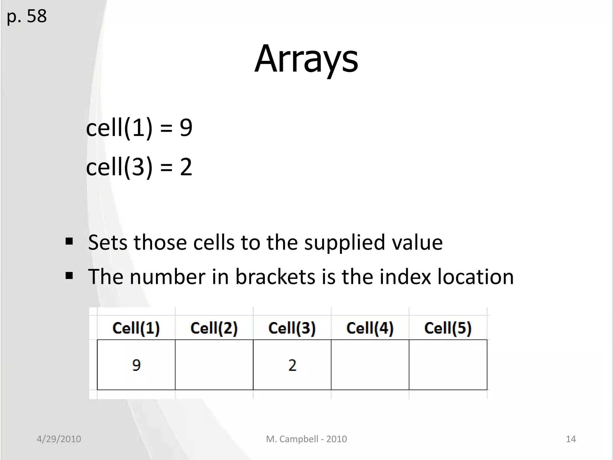 Arrayscell(1) = 9cell(3) = 2Sets those cells to the supplied valueThe number in brackets is the index location4/29/2010M. Campbell - 201014p. 58