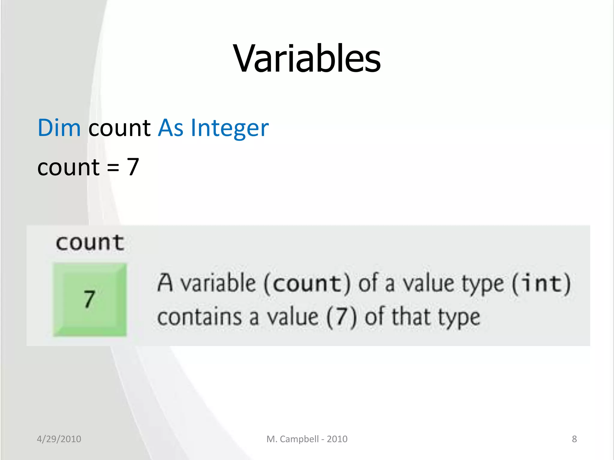 VariablesDim count As Integercount = 74/29/2010M. Campbell - 20108