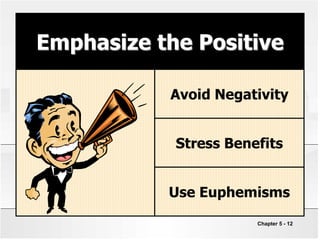 Chapter 5 - 12
Emphasize the Positive
Avoid Negativity
Stress Benefits
Use Euphemisms
 