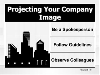 Chapter 5 - 21
Projecting Your Company
Image
Be a Spokesperson
Follow Guidelines
Observe Colleagues
 