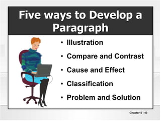 Chapter 5 - 40
• Illustration
• Compare and Contrast
• Cause and Effect
• Classification
• Problem and Solution
Five ways to Develop a
Paragraph
 