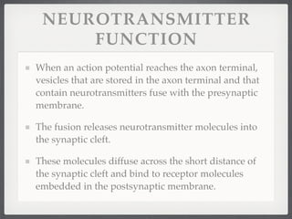 NEUROTRANSMITTER
     FUNCTION
When an action potential reaches the axon terminal,
vesicles that are stored in the axon terminal and that
contain neurotransmitters fuse with the presynaptic
membrane.

The fusion releases neurotransmitter molecules into
the synaptic cleft.

These molecules diffuse across the short distance of
the synaptic cleft and bind to receptor molecules
embedded in the postsynaptic membrane.
 