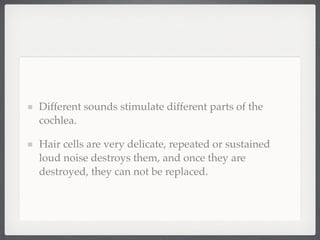 Different sounds stimulate different parts of the
cochlea.

Hair cells are very delicate, repeated or sustained
loud noise destroys them, and once they are
destroyed, they can not be replaced.
 