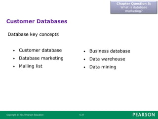 Chapter Question 5:
What is database
marketing?
Copyright © 2012 Pearson Education 5-27
Database key concepts
Customer Databases
• Customer database
• Database marketing
• Mailing list
• Business database
• Data warehouse
• Data mining
 