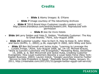 Credits
• Slide 1 Alamy Images: B. O’Kane
• Slide 7 Image courtesy of The Advertising Archives
• Slide 8 ‘2010 Brand Keys Customer Loyalty Leaders List’,
http://www.brandkeys.com/awards/leaders.cfm. Reproduced with
permission
• Slide 9 Joie De Vivre Hotels
• Slide 14 Larry Selden and Yoko S. Seldon, “Profitable Customer: The Key
to Great Brands,” Point, July–August 2006
• Slide 25 Customer Loyalty: How to Earn It, How to Keep It, John Wiley
and Sons (Griffin, J., 2002), p.36, copyright © 2002, John Wiley and Sons
• Slide 27 Ben McConnell and Jackie Huba, “Learning to Leverage the
Lunatic Fringe,” Point, July–August 2006, pp. 14–15; Michael Krauss,
“Work to Convert Customers into Evangelists,” Marketing News, December
15, 2006, p. 6; Ben McConnell and Jackie Huba, Creating Customer
Evangelists: How Loyal Customers Become a Loyal Sales Force (New York:
Kaplan Business, 2003); Lauren Indvik, “Google Launches Voice-to-Twitter
Service to Help Protesters in Egypt,” Mashable Social Media, January 31,
2011, http://mashable.com/2011/01/31/google-twitter-egypt-call-service/
 