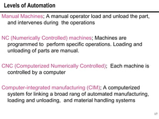 17
Manual Machines; A manual operator load and unload the part,
and intervenes during the operations
NC (Numerically Controlled) machines; Machines are
programmed to perform specific operations. Loading and
unloading of parts are manual.
CNC (Computerized Numerically Controlled); Each machine is
controlled by a computer
Computer-integrated manufacturing (CIM); A computerized
system for linking a broad rang of automated manufacturing,
loading and unloading, and material handling systems
Levels of Automation
 