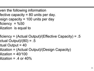 21
ven the following information
fective capacity = 80 units per day.
esign capacity = 100 units per day
ficiency = %50
ilization is equal to
ficiency = (Actual Output)/(Effective Capacity) = .5
ctual Output)/(80) = .5
ctual Output = 40
ilization = (Actual Output)/(Design Capacity)
ilization = 40/100
ilization = .4 or 40%
 