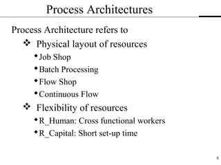 8
Process Architectures
Process Architecture refers to
 Physical layout of resources
Job Shop
Batch Processing
Flow Shop
Continuous Flow
 Flexibility of resources
R_Human: Cross functional workers
R_Capital: Short set-up time
 