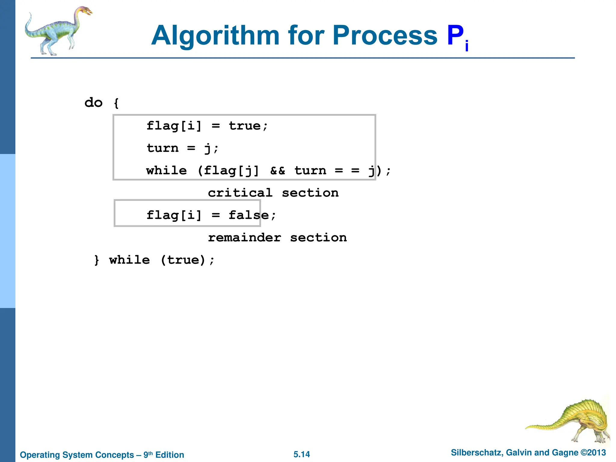 5.14 Silberschatz, Galvin and Gagne ©2013
Operating System Concepts – 9th
Edition
Algorithm for Process Pi
do {
flag[i] = true;
turn = j;
while (flag[j] && turn = = j);
critical section
flag[i] = false;
remainder section
} while (true);
 