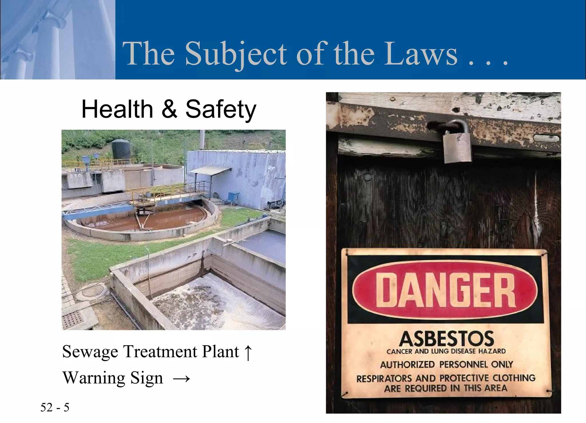 The Subject of the Laws . . .
         Health & Safety




    Sewage Treatment Plant ↑
    Warning Sign →
52 - 5
 
