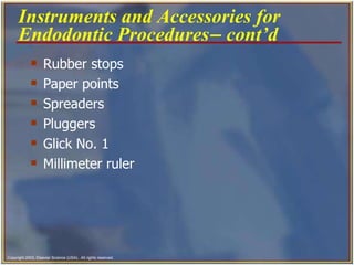 Rubber stops   Paper points   Spreaders  Pluggers   Glick No. 1 Millimeter ruler  Instruments and Accessories for Endodontic Procedures   cont’d   