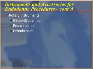 Rotary instruments  Gates-Glidden bur  Pesso reamer   Lentulo spiral  Instruments and Accessories for Endodontic Procedures   cont’d   