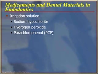 Irrigation solution   Sodium hypochlorite   Hydrogen peroxide  Parachlorophenol (PCP) Medicaments and Dental Materials in Endodontics   