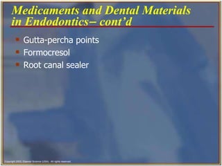 Gutta-percha points Formocresol  Root canal sealer   Medicaments and Dental Materials in Endodontics   cont’d   