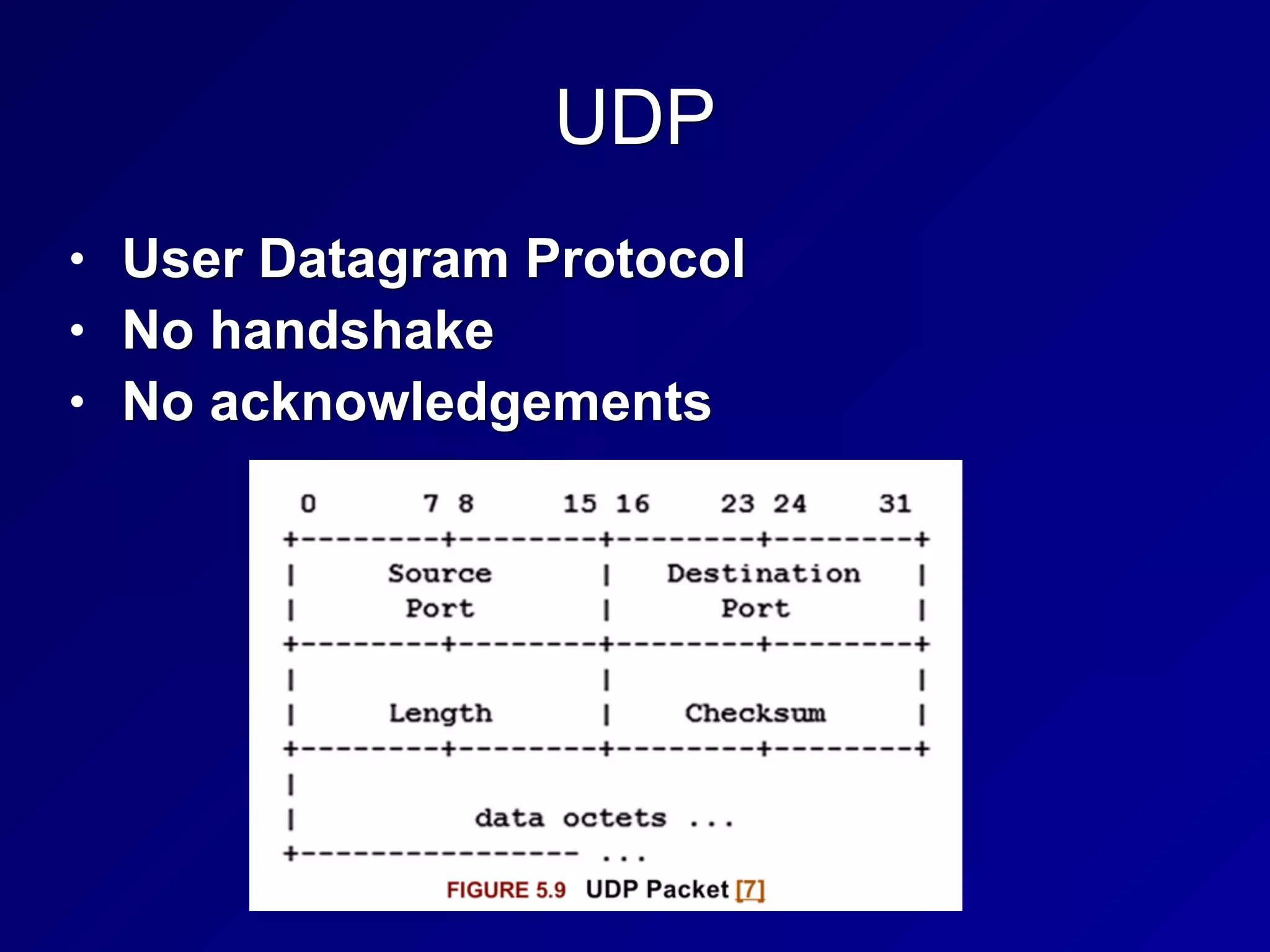 UDP
• User Datagram Protocol
• No handshake
• No acknowledgements
 
