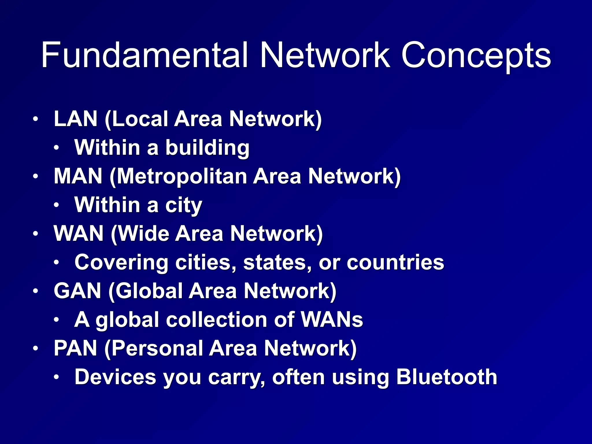 Fundamental Network Concepts
• LAN (Local Area Network)
• Within a building
• MAN (Metropolitan Area Network)
• Within a city
• WAN (Wide Area Network)
• Covering cities, states, or countries
• GAN (Global Area Network)
• A global collection of WANs
• PAN (Personal Area Network)
• Devices you carry, often using Bluetooth
 