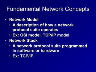 Fundamental Network Concepts
• Network Model
• A description of how a network
protocol suite operates
• Ex: OSI model, TCP/IP model
• Network Stack
• A network protocol suite programmed
in software or hardware
• Ex: TCP/IP
 