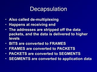 Decapsulation
• Also called de-multiplexing
• Happens at receiving end
• The addresses are stripped off the data
packets, and the data is delivered to higher
levels
• BITS are converted to FRAMES
• FRAMES are converted to PACKETS
• PACKETS are converted to SEGMENTS
• SEGMENTS are converted to application data
 