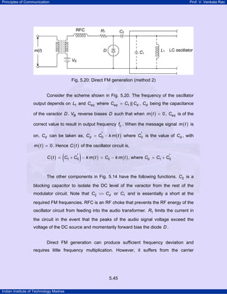Principles of Communication

Prof. V. Venkata Rao

Fig. 5.20: Direct FM generation (method 2)

Consider the scheme shown in Fig. 5.20. The frequency of the oscillator
output depends on L1 and Ceq where Ceq = C1 || Cd , Cd being the capacitance
of the varactor D . VB reverse biases D such that when m ( t ) = 0 , Ceq is of the
correct value to result in output frequency fc . When the message signal m ( t ) is
'
'
on, Cd can be taken as, Cd = C0 − k m ( t ) where C0 is the value of Cd , with
m ( t ) = 0 . Hence C ( t ) of the oscillator circuit is,

(

)

'
'
C ( t ) = C1 + C0 − k m ( t ) = C0 − k m ( t ) , where C0 = C1 + C0

The other components in Fig. 5.14 have the following functions. C2 is a
blocking capacitor to isolate the DC level of the varactor from the rest of the
modulator circuit. Note that C2 >> Cd or C1 and is essentially a short at the
required FM frequencies. RFC is an RF choke that prevents the RF energy of the
oscillator circuit from feeding into the audio transformer. R1 limits the current in
the circuit in the event that the peaks of the audio signal voltage exceed the
voltage of the DC source and momentarily forward bias the diode D .

Direct FM generation can produce sufficient frequency deviation and
requires little frequency multiplication. However, it suffers from the carrier

5.45
Indian Institute of Technology Madras

 