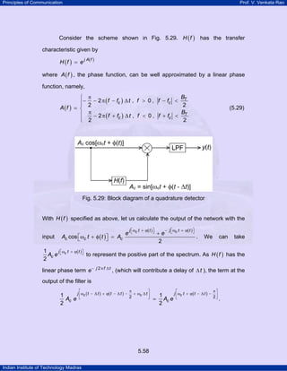 Principles of Communication

Prof. V. Venkata Rao

Consider the scheme shown in Fig. 5.29. H ( f ) has the transfer
characteristic given by
H (f ) = e

j A( f )

where A ( f ) , the phase function, can be well approximated by a linear phase
function, namely,
A (f )

⎧
⎪−
⎪
⎨
⎪
⎪
⎩

B
π
− 2 π ( f − fc ) ∆ t , f > 0 , f − fc < T
2
2
BT
π
− 2 π ( f + fc ) ∆ t , f < 0 , f + fc <
2
2

(5.29)

Fig. 5.29: Block diagram of a quadrature detector
With H ( f ) specified as above, let us calculate the output of the network with the
input

Ac cos ⎡ ωc t + φ ( t ) ⎤ = Ac
⎣
⎦

1
j ⎡ω t
Ac e ⎣ c
2

+ ϕ( t ) ⎤
⎦

e

j ⎡ωc t + ϕ( t ) ⎤
⎣
⎦

+e
2

− j ⎡ωc t + ϕ( t ) ⎤
⎣
⎦

.

We

can

to represent the positive part of the spectrum. As H ( f ) has the

linear phase term e −

j 2πf ∆t

, (which will contribute a delay of ∆ t ), the term at the

output of the filter is
⎡

j ⎢ ωc ( t
1
Ac e ⎣
2

− ∆ t ) + ϕ( t − ∆ t ) −

π
⎤
+ ωc ∆ t ⎥
2
⎦

5.58
Indian Institute of Technology Madras

take

⎡

j ⎢ωc t
1
= Ac e ⎣
2

+ ϕ( t − ∆ t ) −

π⎤
2⎥
⎦

.

 