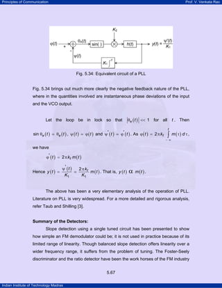 Principles of Communication

Prof. V. Venkata Rao

Fig. 5.34: Equivalent circuit of a PLL

Fig. 5.34 brings out much more clearly the negative feedback nature of the PLL,
where in the quantities involved are instantaneous phase deviations of the input
and the VCO output.

Let the loop be in lock so that
sin θe ( t )

ϕ ( t ) and ψ' ( t )

θe ( t ) , ψ ( t )

θe ( t ) << 1 for all

ϕ' ( t ) . As ϕ ( t ) = 2 π kf

t . Then
t

∫ m ( τ) d τ ,

−∞

we have
ϕ' ( t ) = 2 π kf m ( t )
ψ' ( t )
Hence y ( t ) =
K1

2 π kf
m ( t ) . That is, y ( t )
K1

α m (t ) .

The above has been a very elementary analysis of the operation of PLL.
Literature on PLL is very widespread. For a more detailed and rigorous analysis,
refer Taub and Shilling [3].

Summary of the Detectors:

Slope detection using a single tuned circuit has been presented to show
how simple an FM demodulator could be; it is not used in practice because of its
limited range of linearity. Though balanced slope detection offers linearity over a
wider frequency range, it suffers from the problem of tuning. The Foster-Seely
discriminator and the ratio detector have been the work horses of the FM industry
5.67
Indian Institute of Technology Madras

 