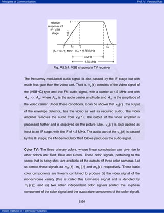 Principles of Communication

Prof. V. Venkata Rao

Fig. A5.5.4: VSB shaping in TV receiver

The frequency modulated audio signal is also passed by the IF stage but with
much less gain than the video part. That is, v 2 ( t ) consists of the video signal of
the (VSB+C) type and the FM audio signal, with a carrier at 4.5 MHz and with
Aca << Acv where Aca is the audio carrier amplitude and Acv is the amplitude of
the video carrier. Under these conditions, it can be shown that v 3 ( t ) , the output
of the envelope detector, has the video as well as required audio. The video
amplifier removes the audio from v 3 ( t ) . The output of the video amplifier is
processed further and is displayed on the picture tube. v 3 ( t ) is also applied as
input to an IF stage, with the IF of 4.5 MHz. The audio part of the v 3 ( t ) is passed
by this IF stage; the FM demodulator that follows produces the audio signal.

Color TV: The three primary colors, whose linear combination can give rise to

other colors are: Red, Blue and Green. These color signals, pertaining to the
scene that is being shot, are available at the outputs of three color cameras. Let
us denote these signals as mR ( t ) , mG ( t ) and mB ( t ) respectively. These basic
color components are linearly combined to produce (i) the video signal of the
monochrome variety (this is called the luminance signal and is denoted by
mL ( t ) )) and (ii) two other independent color signals (called the in-phase

component of the color signal and the quadrature component of the color signal).
5.94
Indian Institute of Technology Madras

 