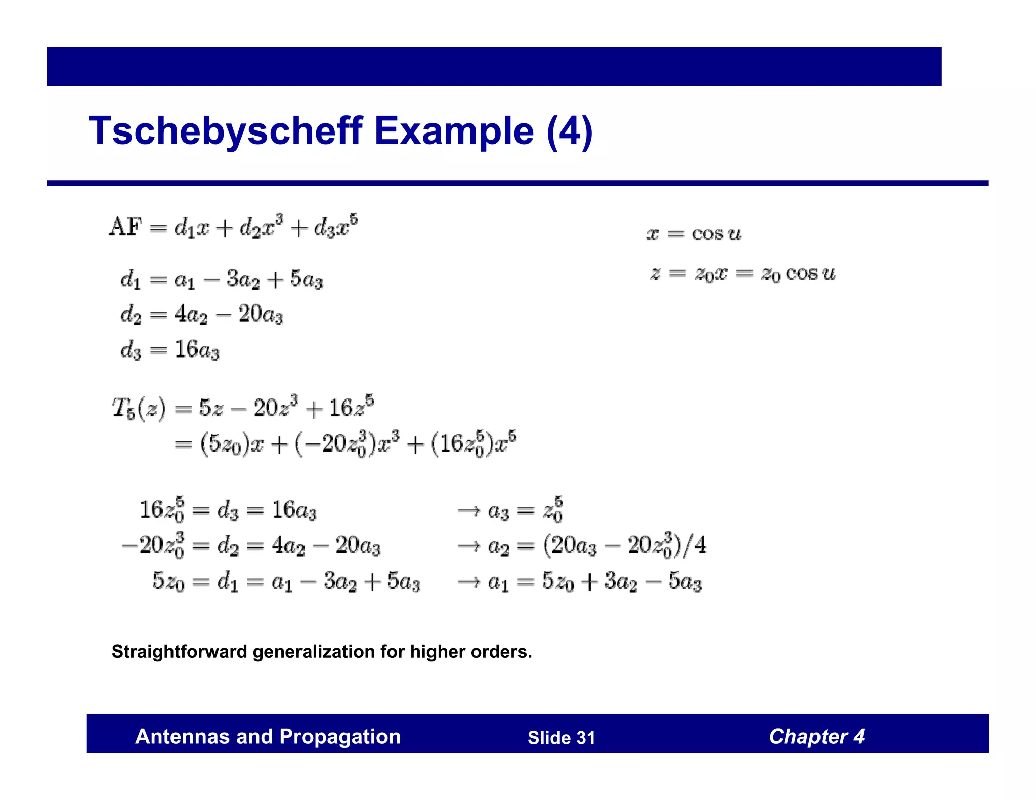 Chapter 4
Antennas and Propagation Slide 31
Tschebyscheff Example (4)
Straightforward generalization for higher orders.
 