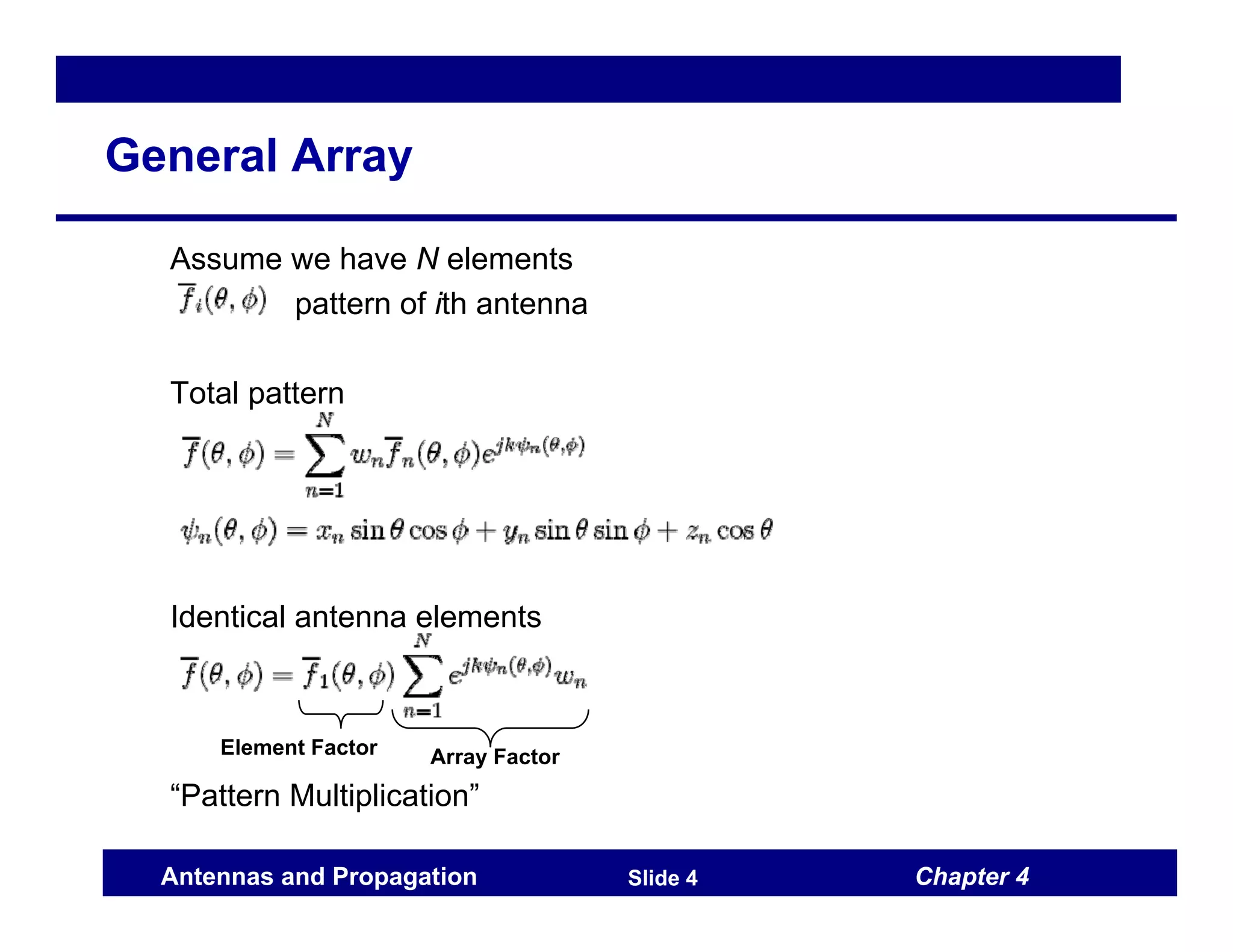 Chapter 4
Antennas and Propagation Slide 4
General Array
Assume we have N elements
pattern of ith antenna
Total pattern
Identical antenna elements
“Pattern Multiplication”
Element Factor Array Factor
 
