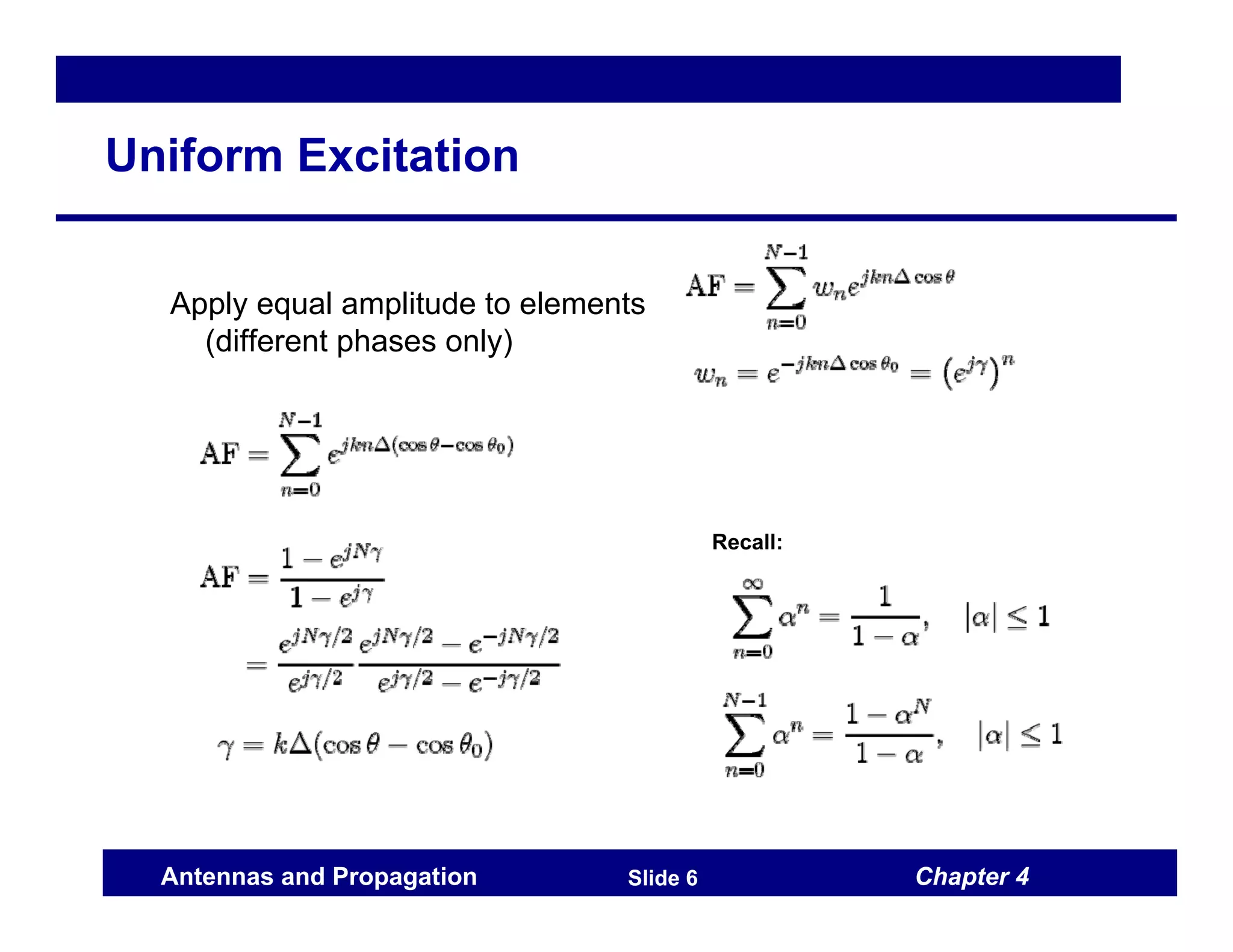 Chapter 4
Antennas and Propagation Slide 6
Uniform Excitation
Apply equal amplitude to elements
(different phases only)
Recall:
 