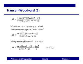 Chapter 4
Antennas and Propagation Slide 12
Hansen-Woodyard (2)
Consider small
Means scan angle on “main beam”
Progressive phase shift
 