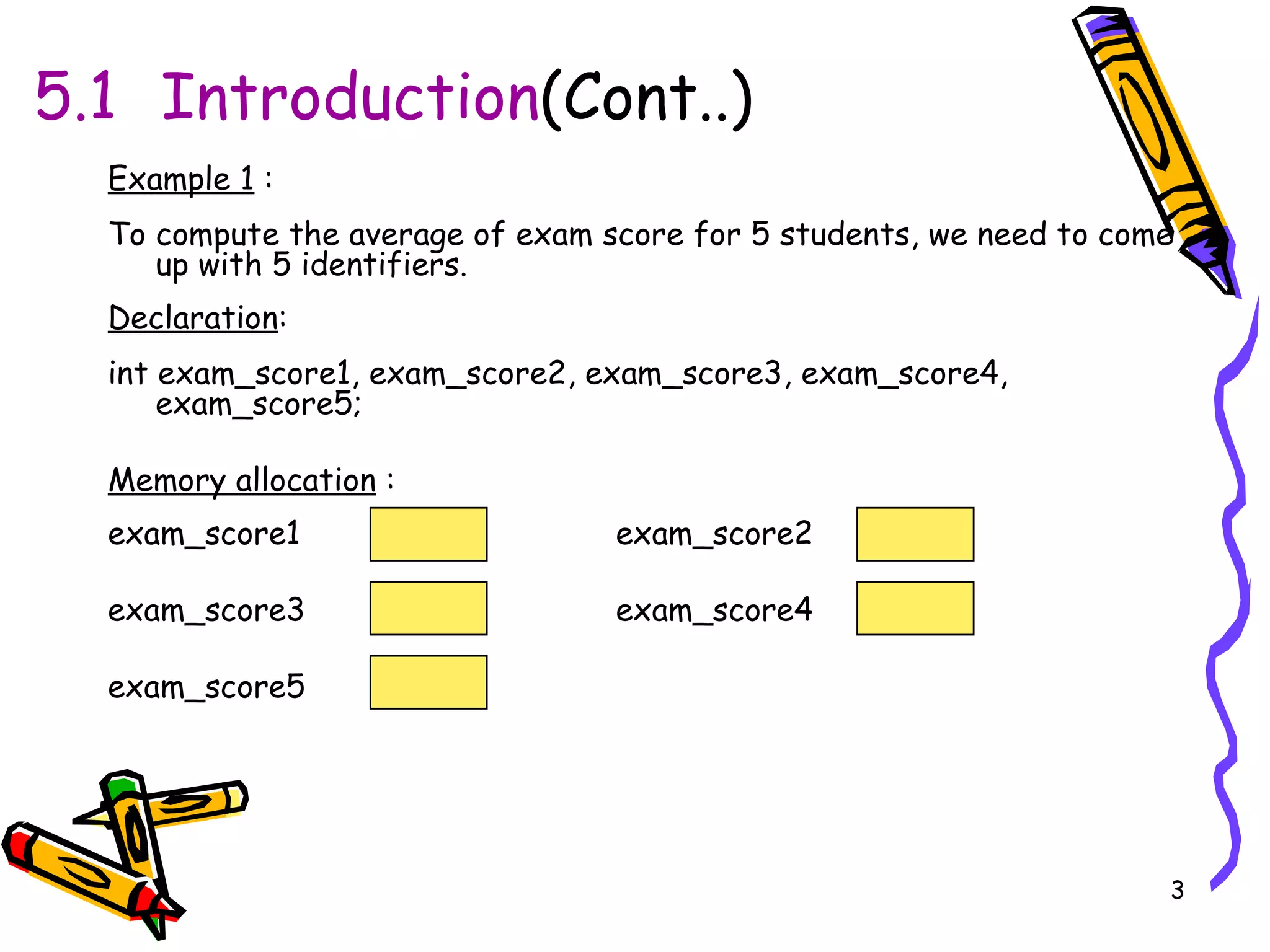 5.1  Introduction (Cont..) Example 1  : To compute the average of exam score for 5 students, we need to come up with 5 identifiers. Declaration : int exam_score1, exam_score2, exam_score3, exam_score4, exam_score5;  Memory allocation  : exam_score1 exam_score2 exam_score3 exam_score4 exam_score5 