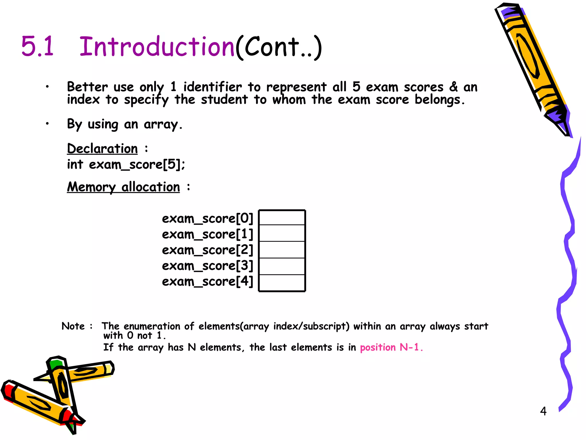 5.1  Introduction (Cont..) Better use only 1 identifier to represent all 5 exam scores & an index to specify the student to whom the exam score belongs. By using an array. Declaration  : int exam_score[5]; Memory allocation  : exam_score[0] exam_score[1] exam_score[2] exam_score[3] exam_score[4] Note :  The enumeration of elements(array index/subscript) within an array always start  with 0 not 1.  If the array has N elements, the last elements is in  position N-1. 