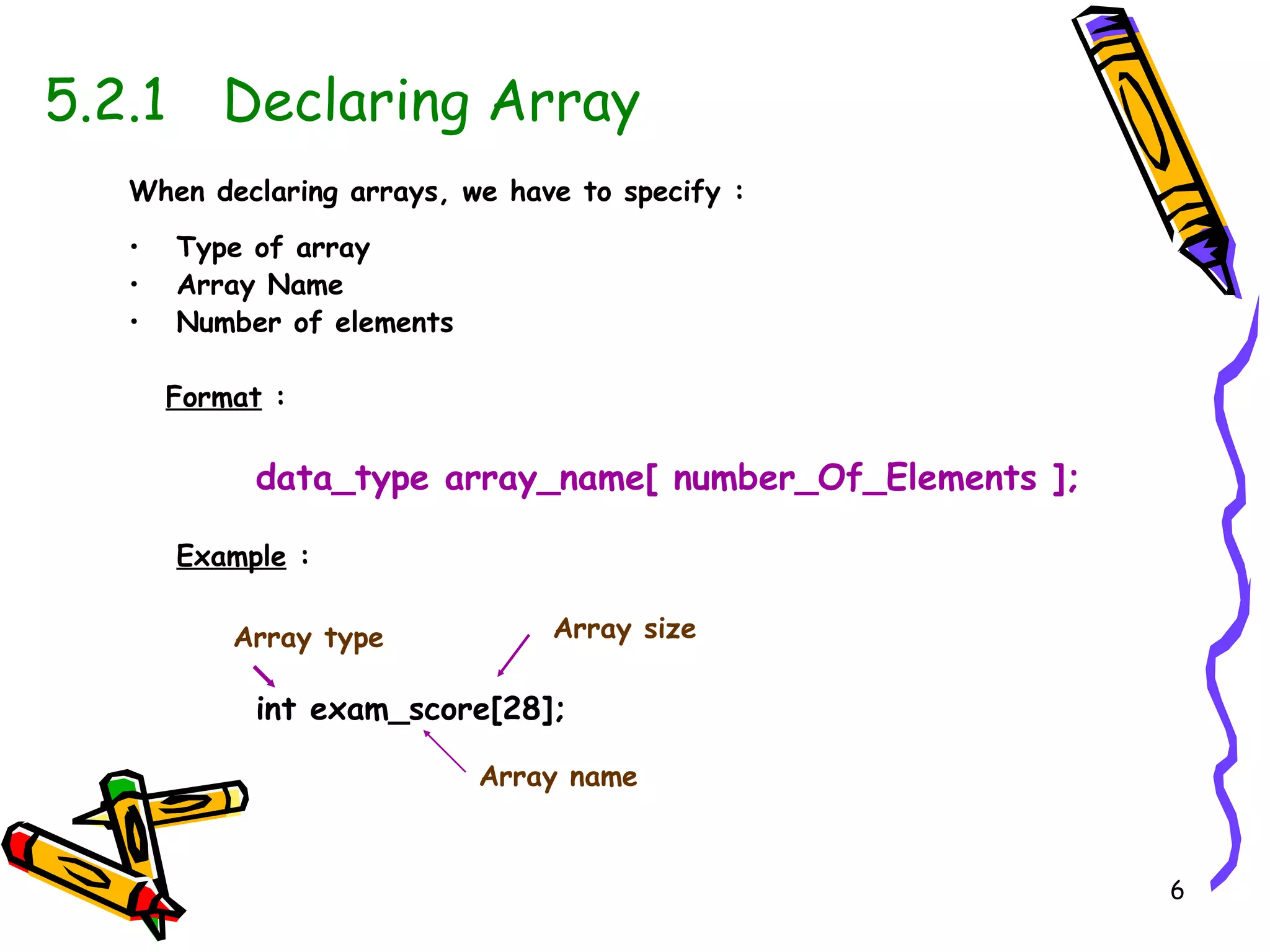 5.2.1   Declaring Array When declaring arrays, we have to specify : Type of array Array Name Number of elements Format  : data_type array_name[ number_Of_Elements ]; Example  : int exam_score[28]; Array size Array name Array type 