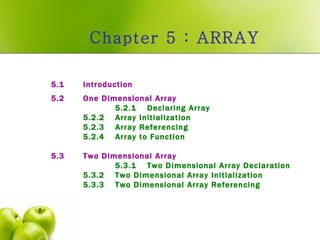 Chapter 5 : ARRAY 5.1 Introduction  5.2 One Dimensional Array 5.2.1 Declaring Array   5.2.2  Array Initialization   5.2.3  Array Referencing   5.2.4  Array to Function   5.3 Two Dimensional Array 5.3.1 Two Dimensional Array Declaration 5.3.2 Two Dimensional Array Initialization 5.3.3 Two Dimensional Array Referencing 