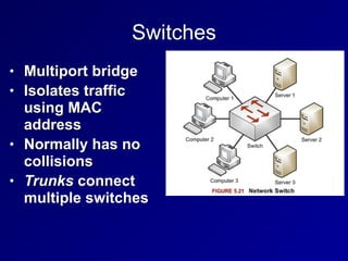 Switches
• Multiport bridge
• Isolates traffic
using MAC
address
• Normally has no
collisions
• Trunks connect
multiple switches
 