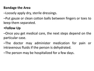 Bandage the Area
–Loosely apply dry, sterile dressings.
–Put gauze or clean cotton balls between fingers or toes to
keep them separated.
•Follow Up
–Once you get medical care, the next steps depend on the
particular case.
–The doctor may administer medication for pain or
intravenous fluids if the person is dehydrated.
–The person may be hospitalized for a few days.
 