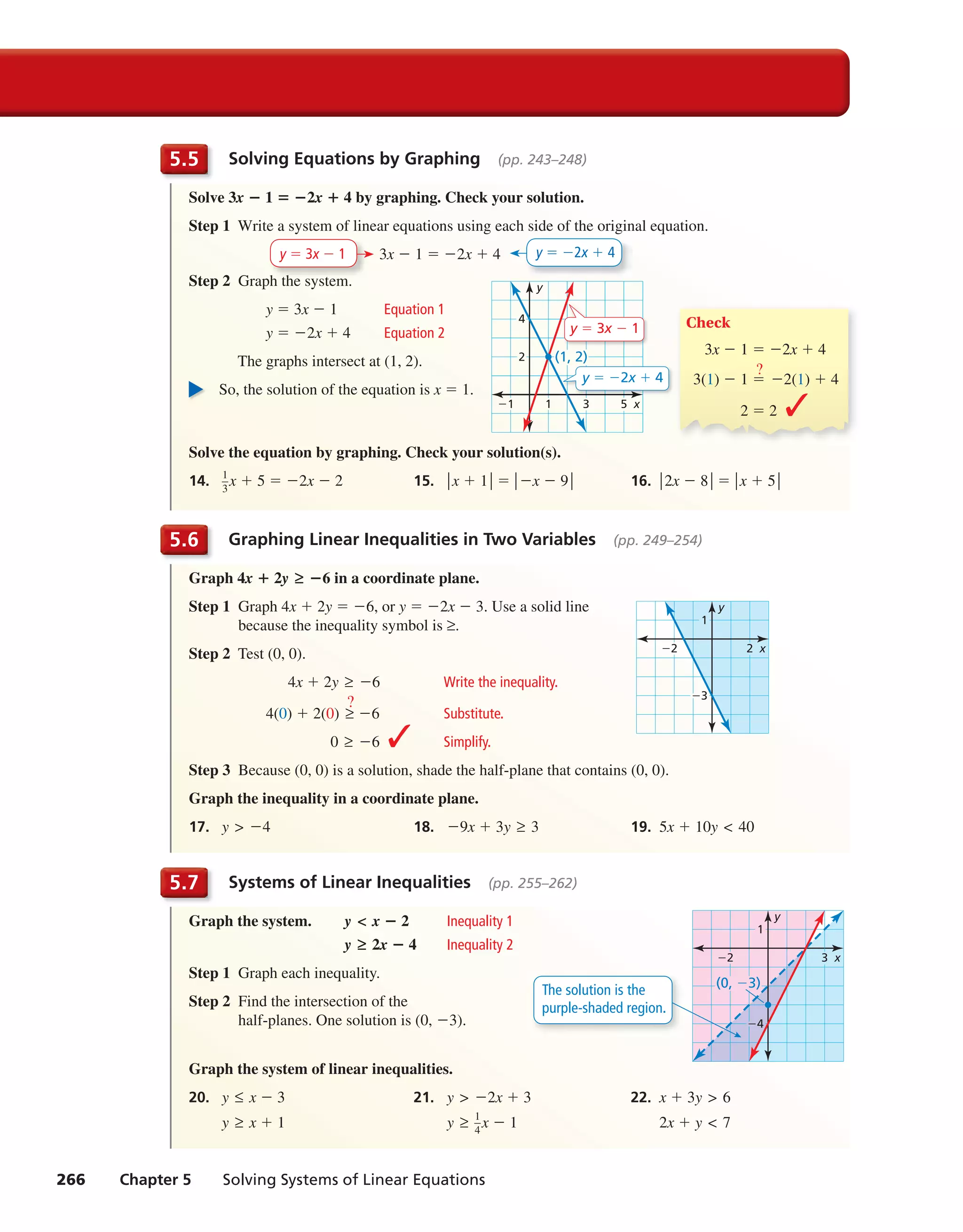 266 Chapter 5 Solving Systems of Linear Equations
Solving Equations by Graphing (pp. 243–248)5.5
Solve 3x − 1 = −2x + 4 by graphing. Check your solution.
Step 1 Write a system of linear equations using each side of the original equation.
3x − 1 = −2x + 4
Step 2 Graph the system.
x
y
2
4
1 3 5
y = 3x − 1
y = −2x + 4
−1
(1, 2)
y = 3x − 1 Equation 1
y = −2x + 4 Equation 2
The graphs intersect at (1, 2).
So, the solution of the equation is x = 1.
Solve the equation by graphing. Check your solution(s).
14. 1
—3
x + 5 = −2x − 2 15. ∣x + 1∣ = ∣−x − 9∣ 16. ∣2x − 8∣ = ∣x + 5∣
Check
3x − 1 = −2x + 4
3(1) − 1 =
?
−2(1) + 4
2 = 2 ✓
y = −2x + 4
h th t
y = 3x − 1
Graphing Linear Inequalities in Two Variables (pp. 249–254)5.6
Graph 4x + 2y ≥≥ −6 in a coordinate plane.
Step 1 Graph 4x + 2y = −6, or y = −2x − 3. Use a solid line
x
y
1
−3
2−2
because the inequality symbol is ≥.
Step 2 Test (0, 0).
4x + 2y ≥ −6 Write the inequality.
4(0) + 2(0) ≥
?
−6 Substitute.
0 ≥ −6 ✓ Simplify.
Step 3 Because (0, 0) is a solution, shade the half-plane that contains (0, 0).
Graph the inequality in a coordinate plane.
17. y > −4 18. −9x + 3y ≥ 3 19. 5x + 10y < 40
Systems of Linear Inequalities (pp. 255–262)5.7
Graph the system. y < x − 2 Inequality 1
y ≥ 2x − 4 Inequality 2
Step 1 Graph each inequality.
Step 2 Find the intersection of the
half-planes. One solution is (0, −3).
Graph the system of linear inequalities.
20. y ≤ x − 3 21. y > −2x + 3 22. x + 3y > 6
y ≥ x + 1 y ≥ 1
—4
x − 1 2x + y < 7
x
y
1
−4
3−2
(0, −3)
The solution is the
purple-shaded region.
int_math1_pe_05ec.indd 266int_math1_pe_05ec.indd 266 1/29/15 2:38 PM1/29/15 2:38 PM
 