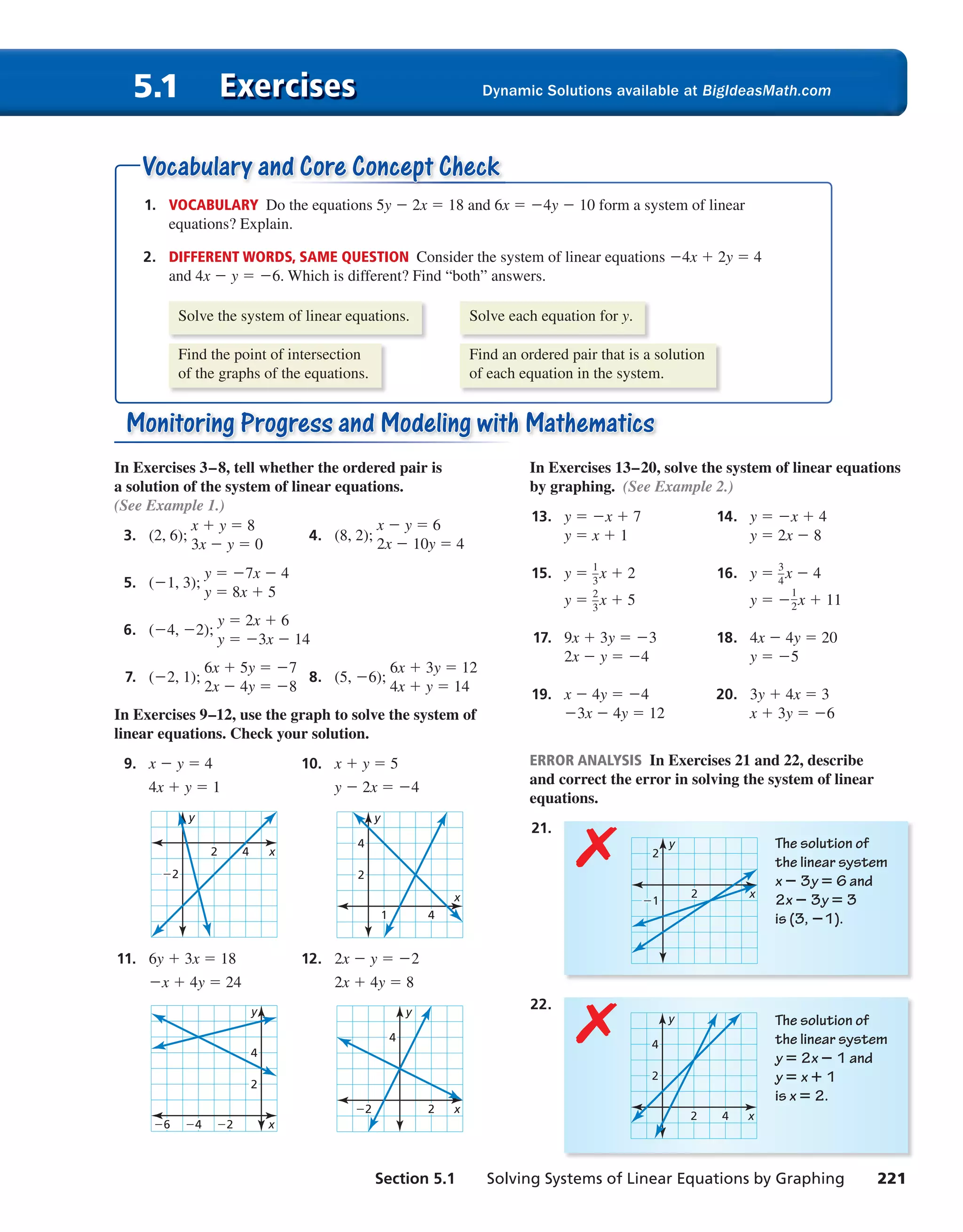 Section 5.1 Solving Systems of Linear Equations by Graphing 221
Exercises5.1 Dynamic Solutions available at BigIdeasMath.com
Monitoring Progress and Modeling with MathematicsMonitoring Progress and Modeling with Mathematics
In Exercises 3–8, tell whether the ordered pair is
a solution of the system of linear equations.
(See Example 1.)
3. (2, 6);
x + y = 8
3x − y = 0
4. (8, 2);
x − y = 6
2x − 10y = 4
5. (−1, 3);
y = −7x − 4
y = 8x + 5
6. (−4, −2);
y = 2x + 6
y = −3x − 14
7. (−2, 1);
6x + 5y = −7
2x − 4y = −8
8. (5, −6);
6x + 3y = 12
4x + y = 14
In Exercises 9–12, use the graph to solve the system of
linear equations. Check your solution.
9. x − y = 4 10. x + y = 5
4x + y = 1 y − 2x = −4
x
y
−2
42
x
y
2
4
41
11. 6y + 3x = 18 12. 2x − y = −2
−x + 4y = 24 2x + 4y = 8
x
y
2
4
−2−4−6
x
y
4
2−2
In Exercises 13–20, solve the system of linear equations
by graphing. (See Example 2.)
13. y = −x + 7 14. y = −x + 4
y = x + 1 y = 2x − 8
15. y = 1
—3
x + 2 16. y = 3
—4
x − 4
y = 2
—3
x + 5 y = −
1
—2x + 11
17. 9x + 3y = −3 18. 4x − 4y = 20
2x − y = −4 y = −5
19. x − 4y = −4 20. 3y + 4x = 3
−3x − 4y = 12 x + 3y = −6
ERROR ANALYSIS In Exercises 21 and 22, describe
and correct the error in solving the system of linear
equations.
21.
The solution of
the linear system
x − 3y = 6 and
2x − 3y = 3
is (3, −1).
✗
x
y
−1
2
2
22.
The solution of
the linear system
y = 2x − 1 and
y = x + 1
is x = 2.
✗
x
y
2
4
42
1. VOCABULARY Do the equations 5y − 2x = 18 and 6x = −4y − 10 form a system of linear
equations? Explain.
2. DIFFERENT WORDS, SAME QUESTION Consider the system of linear equations −4x + 2y = 4
and 4x − y = −6. Which is different? Find “both” answers.
Solve the system of linear equations. Solve each equation for y.
Find the point of intersection
of the graphs of the equations.
Find an ordered pair that is a solution
of each equation in the system.
Vocabulary and Core Concept CheckVocabulary and Core Concept Check
int_math1_pe_0501.indd 221int_math1_pe_0501.indd 221 1/29/15 2:39 PM1/29/15 2:39 PM
 