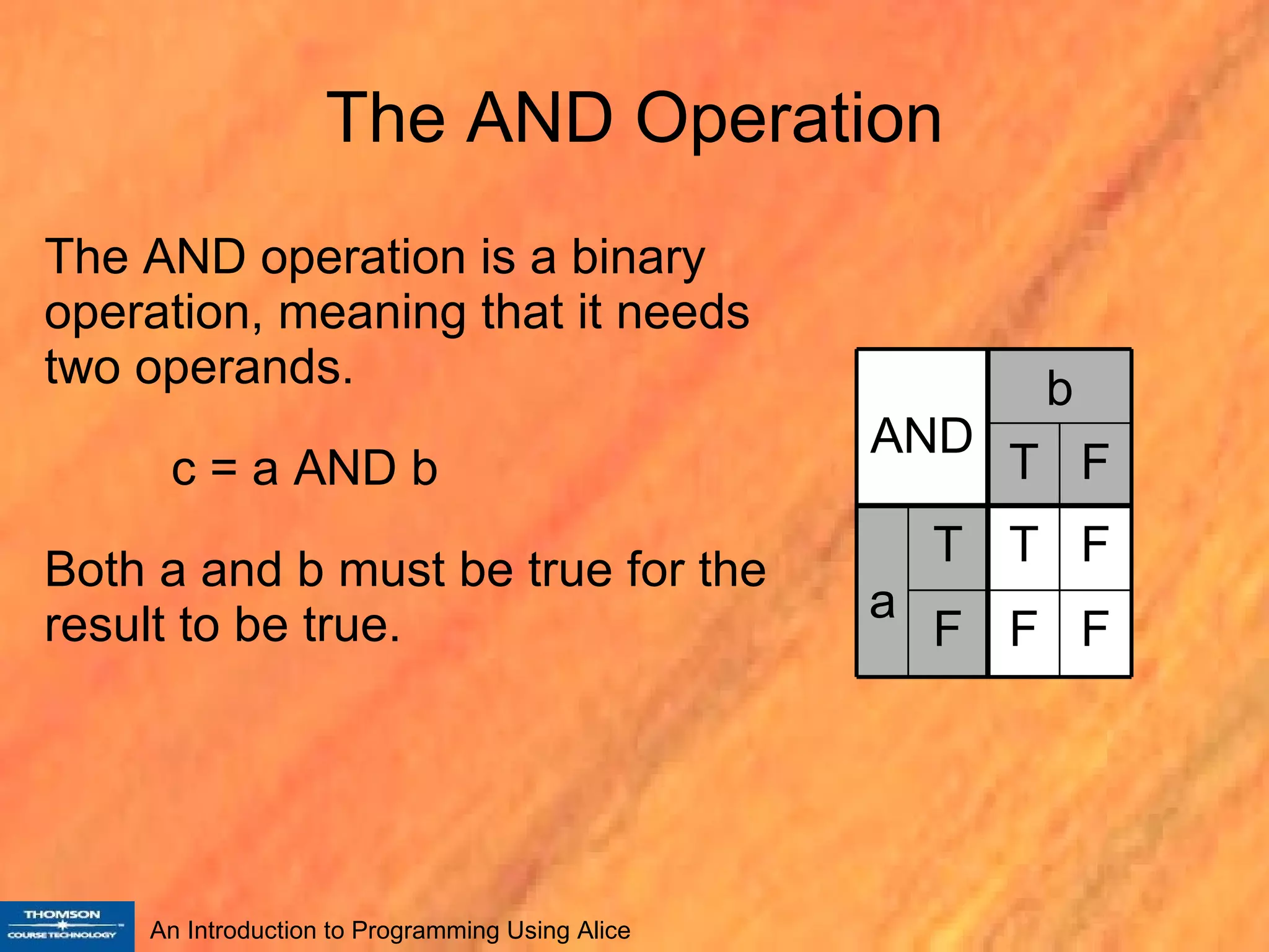 The AND Operation The AND operation is a binary operation, meaning that it needs two operands.  c = a AND b Both a and b must be true for the result to be true. F F F F T T a F T b AND 