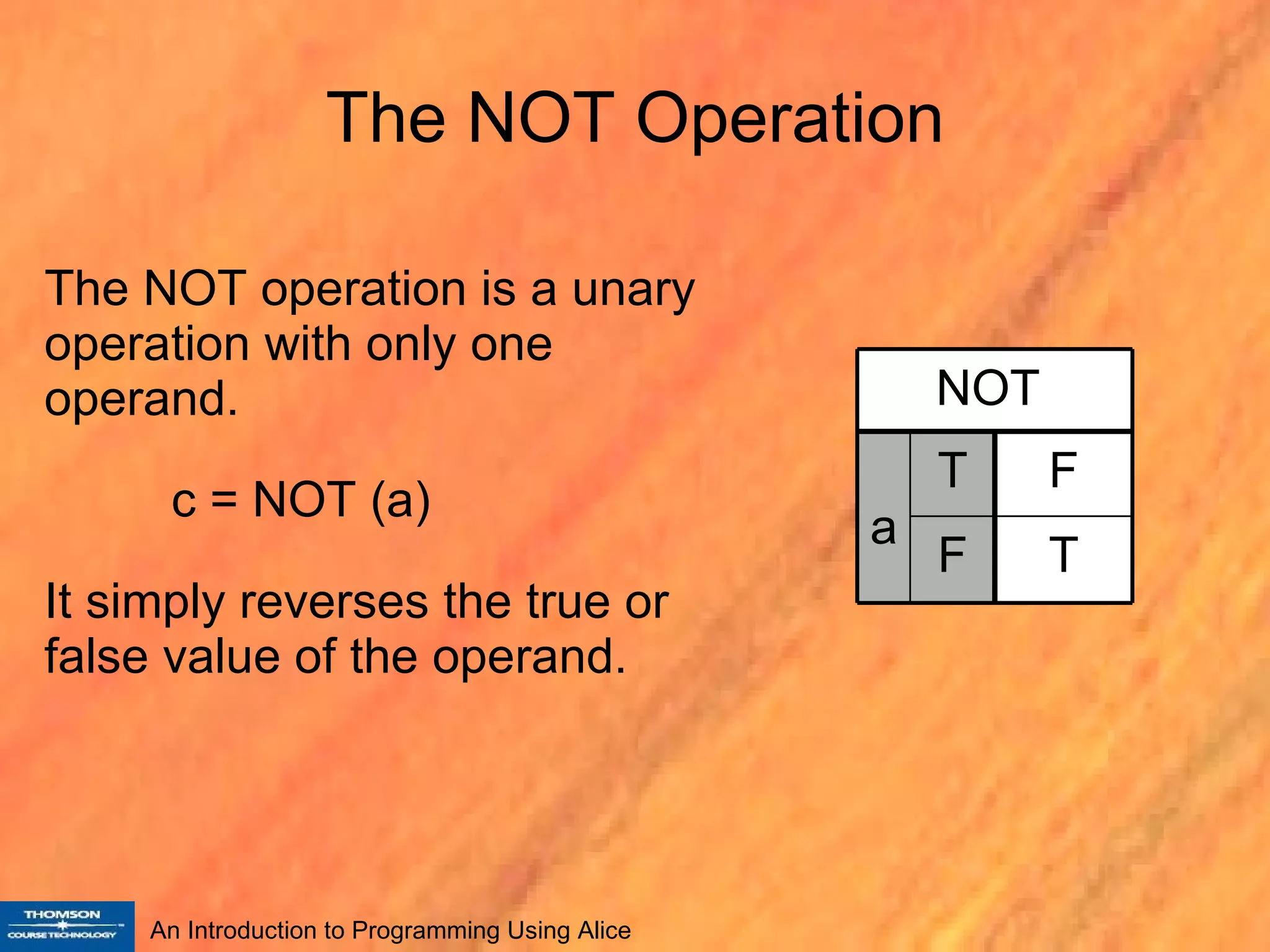 The NOT Operation The NOT operation is a unary operation with only one operand. c = NOT (a) It simply reverses the true or false value of the operand. T F F T a NOT  