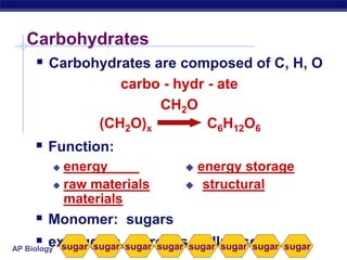 AP Biology
Carbohydrates
 Carbohydrates are composed of C, H, O
carbo - hydr - ate
CH2O
(CH2O)x C6H12O6
 Function:
 energy  energy storage
 raw materials  structural
materials
 Monomer: sugars
 ex: sugars, starches, cellulose
sugar sugar sugar sugar sugar sugar sugar
sugar
C6H12O6
(CH2O)x
 
