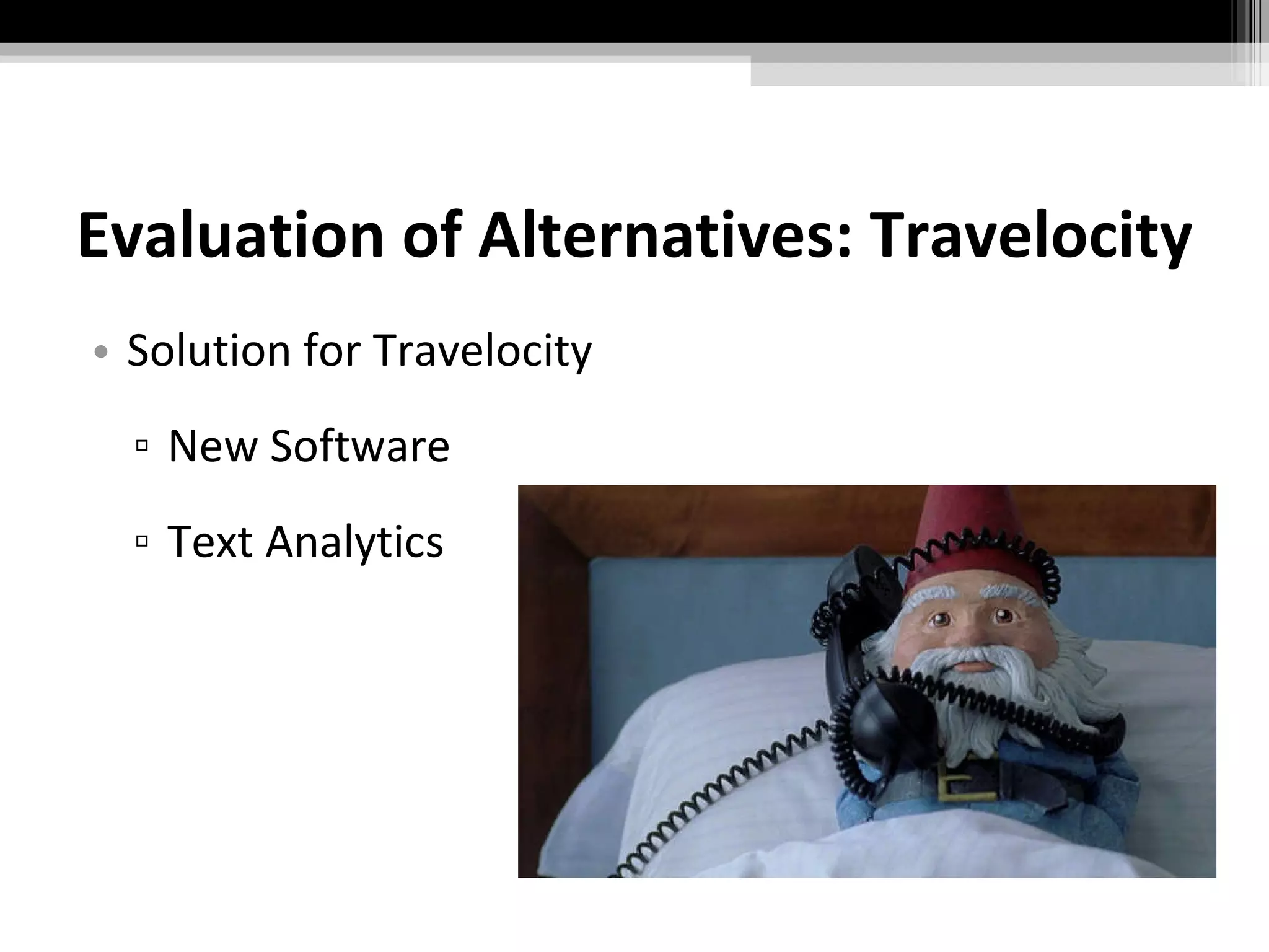 Evaluation of Alternatives: Travelocity Solution for Travelocity New Software Text Analytics 