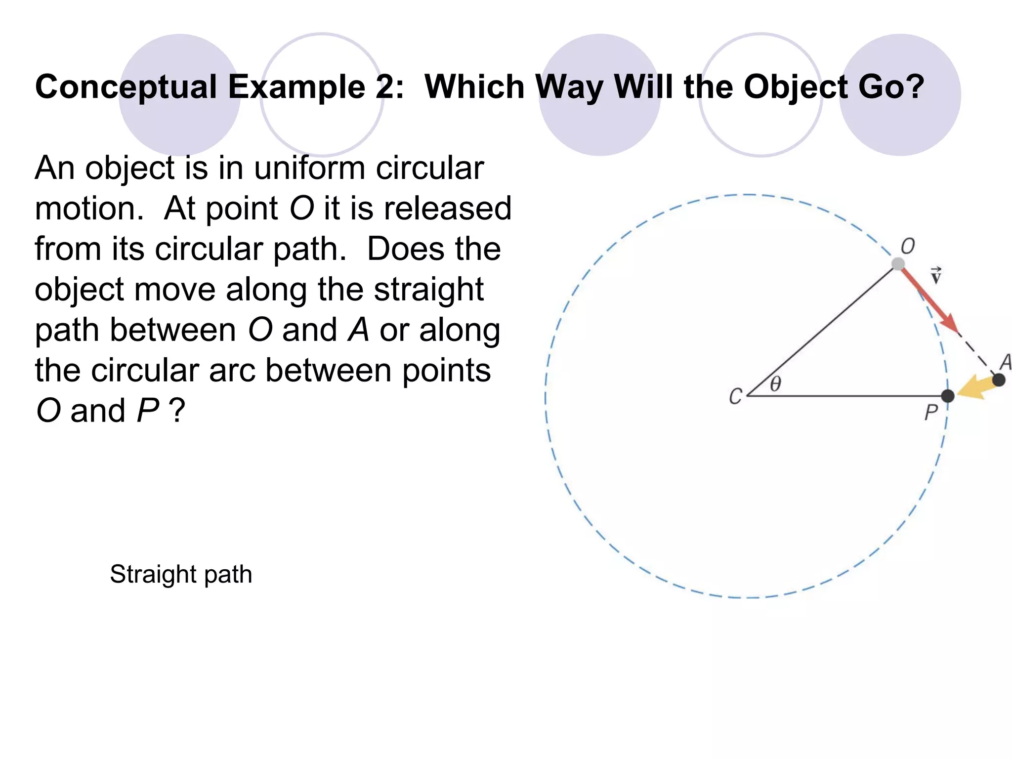 Conceptual Example 2:  Which Way Will the Object Go? An object is in uniform circular  motion.  At point  O  it is released  from its circular path.  Does the  object move along the straight path between  O  and  A  or along  the circular arc between points O  and  P  ? Straight path 