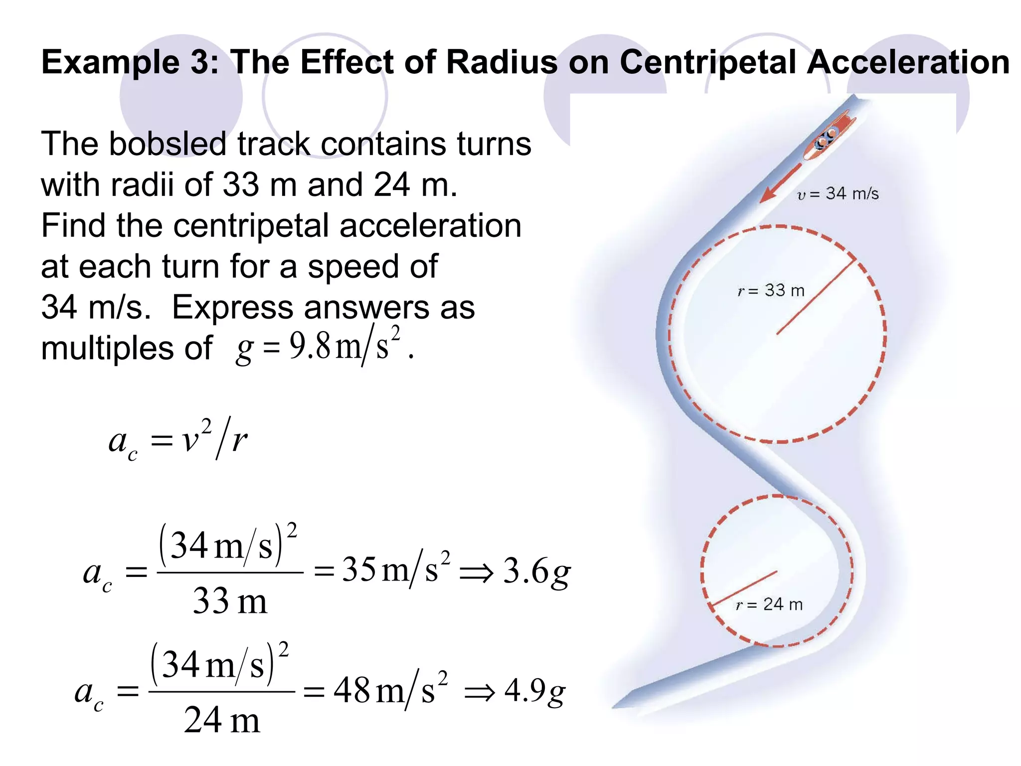 Example 3: The Effect of Radius on Centripetal Acceleration The bobsled track contains turns  with radii of 33 m and 24 m.  Find the centripetal acceleration  at each turn for a speed of  34 m/s.  Express answers as  multiples of  