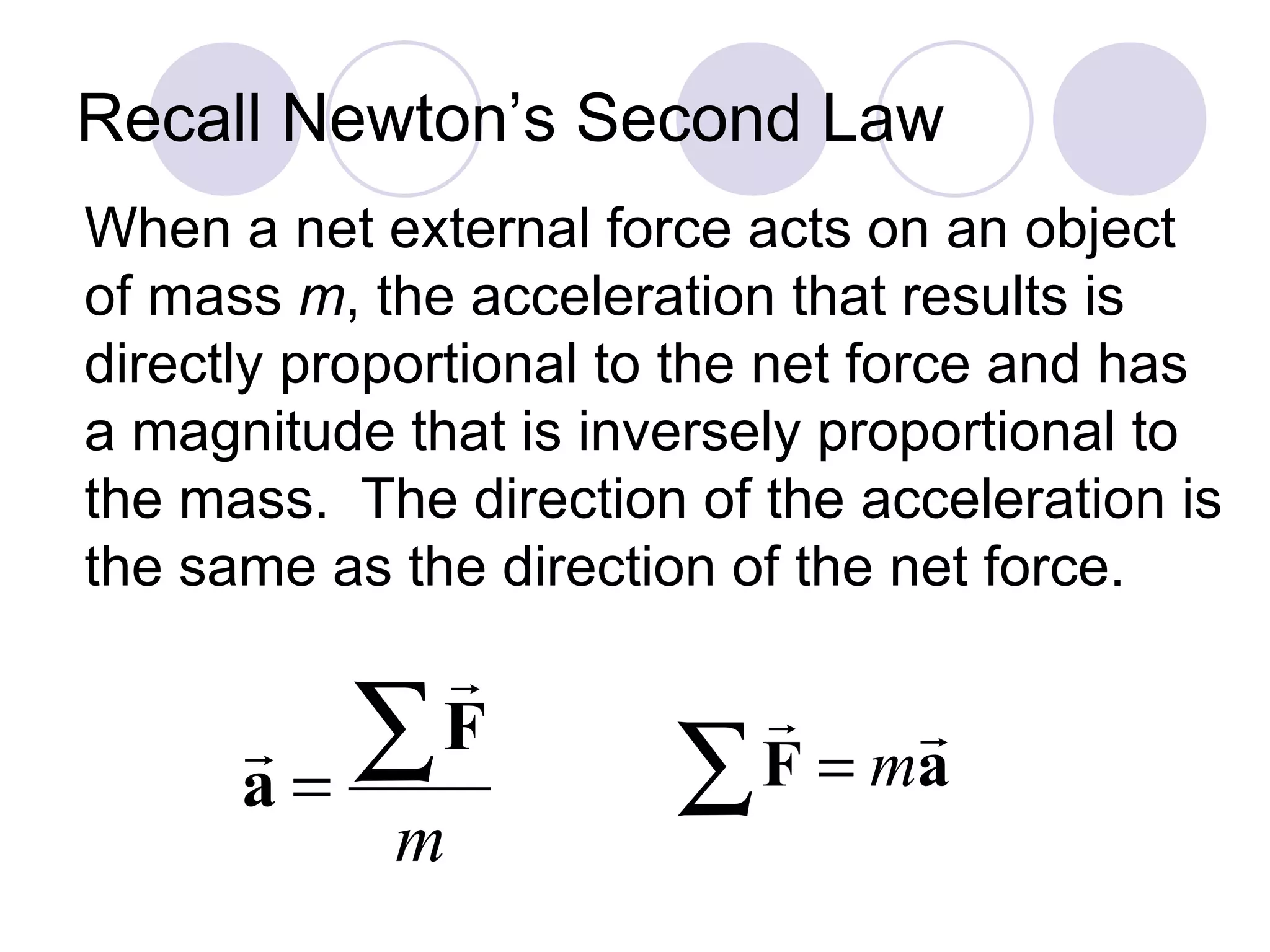Recall Newton’s Second Law When a net external force acts on an object of mass  m , the acceleration that results is  directly proportional to the net force and has a magnitude that is inversely proportional to the mass.  The direction of the acceleration is the same as the direction of the net force. 
