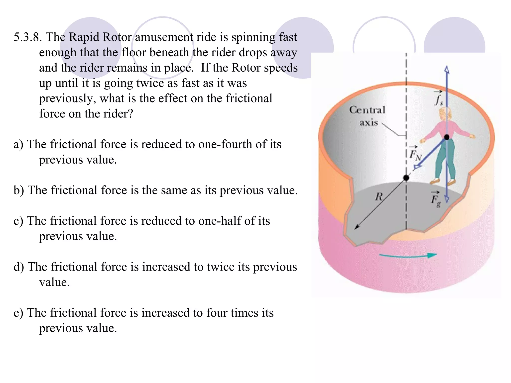 5.3.8. The Rapid Rotor amusement ride is spinning fast enough that the floor beneath the rider drops away and the rider remains in place.  If the Rotor speeds up until it is going twice as fast as it was previously, what is the effect on the frictional force on the rider? a) The frictional force is reduced to one-fourth of its previous value. b) The frictional force is the same as its previous value. c) The frictional force is reduced to one-half of its previous value. d) The frictional force is increased to twice its previous value. e) The frictional force is increased to four times its previous value. 