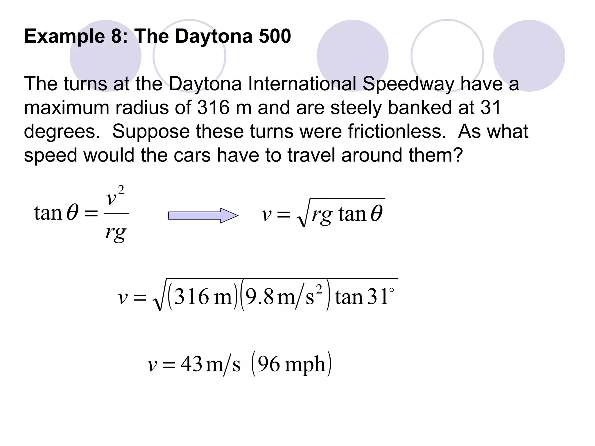 Example 8: The Daytona 500 The turns at the Daytona International Speedway have a  maximum radius of 316 m and are steely banked at 31 degrees.  Suppose these turns were frictionless.  As what  speed would the cars have to travel around them? 